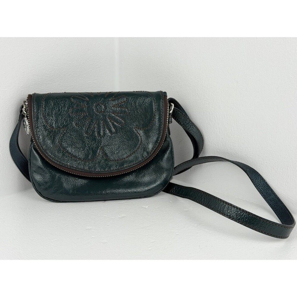 Brighton Green Patent Leather Floral Crossbody Bag Silver Buckle Shoulder Purse